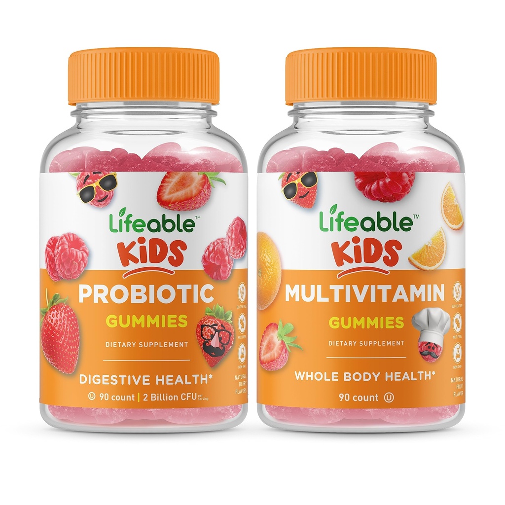 Probiótico Lifeable 2 billón de niños CFU + Multivitamínicos, Gummies Bundle - Gran Tasting, Suplemento de vitamina, Gluten Gratis, GMO Gratis, Chewable Gummy