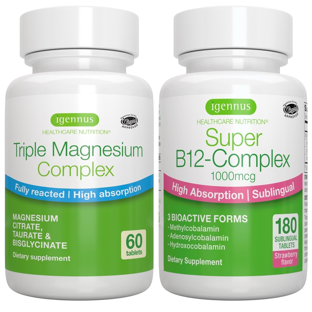 Complejo de Magnesio Triple + Super B12-Complex Energy Bundle, Alta Absorción Glycinate Chelated, Taurate & Citrate Magnesium + Alta Absorción Sublingual B12, Vegan, por Igennus