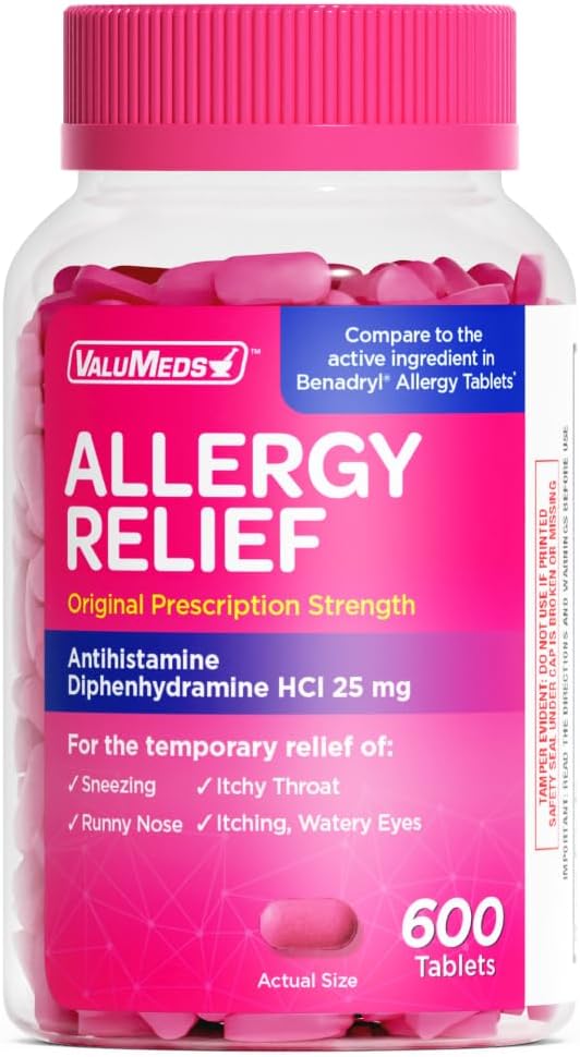 ValuMeds Allergy Medicine Antihistamine, Diphenhydramine HCl 25 mg  Children and Adults ← Relieve Itchy Eyes, Runny Nose, Sneezing (25 mg, 600)