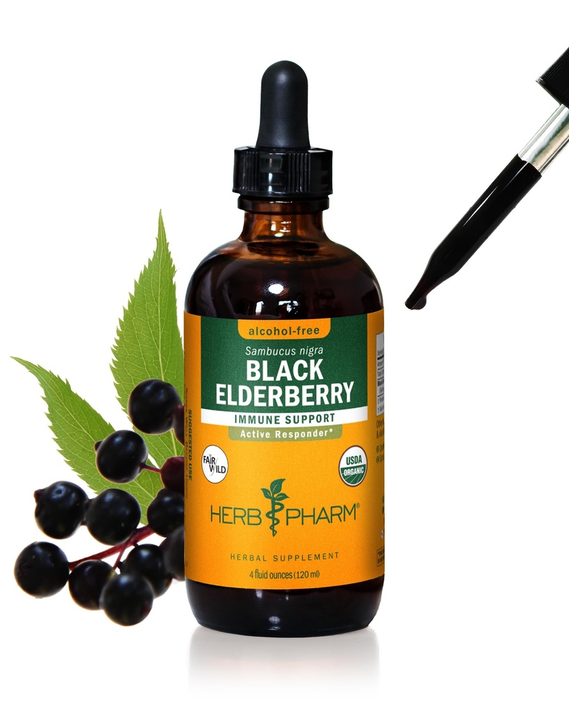 Herb Pharm Certified Organic Black Elderberry Liquid Extract Drops for Immune System Support, Alcohol-Free Glycerite, 4 Oz