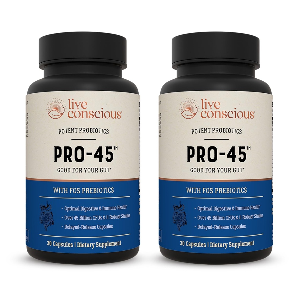 Live Conscious PRO45: Fórmula Probiótica, 45 Billion CFU, 11 cepas integrales. Dairy Free. Delayed Release Veggie caps. Promueve la Salud Inmune y Digestiva. 60 cápsulas (2-Pack)