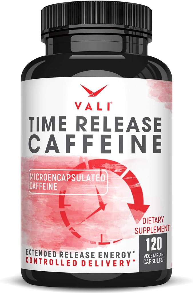 VALI Time Release Caffeine 100mg Capsules- Smart Slow Release for Extended Energy & Focus. Suplemento Nootropic avanzado. Brain Booster Active Performance, Alertness & Clarity. 120 cápsulas de verduras