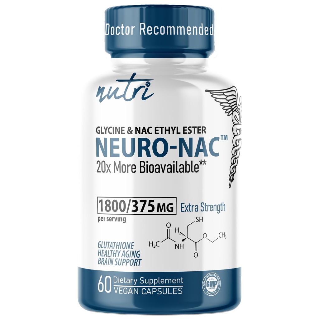 Nutri Neuro NAC Suplemento 375mg Extra Strength with 1800mg Glycine - N-Acetyl Cysteine Ethyl Ester - 20x Más Bioavailable - Boost Glutathione 10x Más - 90 cápsulas Vegan - 3er partido probado