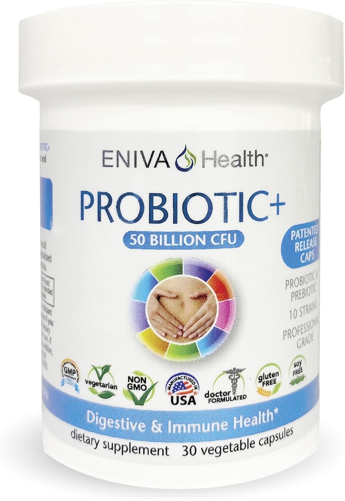 Eniva Health Probiótico con Prebiótico 10 Strains ← 50 Billion CFUs Per Capsule Silencio 30 Capsules Por Bottle ← Doctor Fórmido Silencio Patented Release Capsules Silencio Sin rellenos