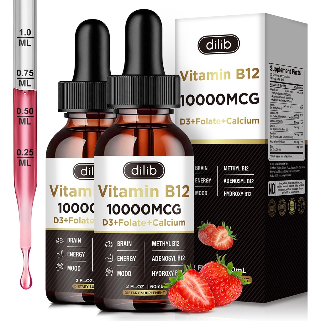 Vitamin B12 Liquid Drops Sublingual 10000 mcg, Triple B-12 Complex Supplement, Methyl & Methylcobalamin Blend for Women & Men, Mood & Energy Booster, Metabolism & Health Support, 2 Pack