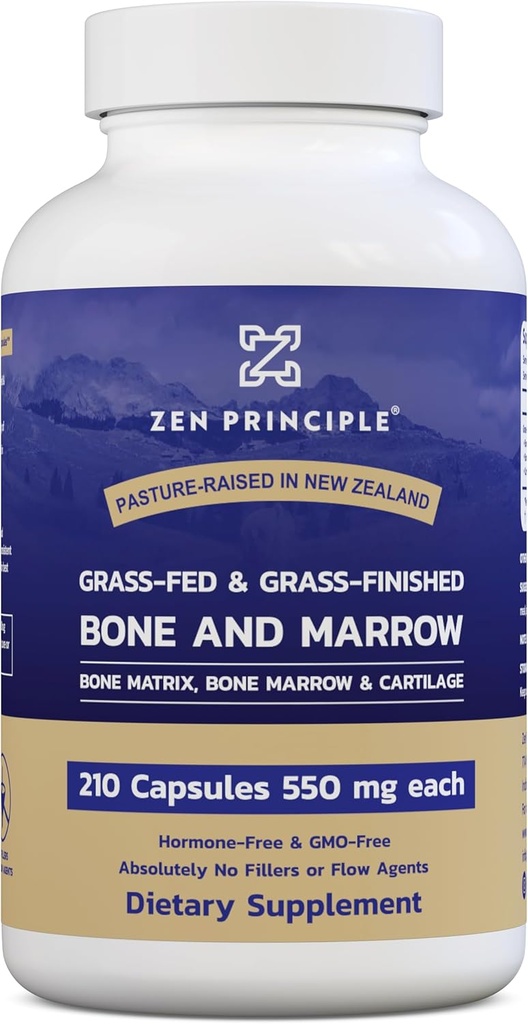Zen Principle Grass Fed Beef Bone Marrow Suplemento, 3300mg. Skin, Oral Health y Joint Support. Promueve Plenario Wellness. Extracto completo de huesos, 210 cápsulas.