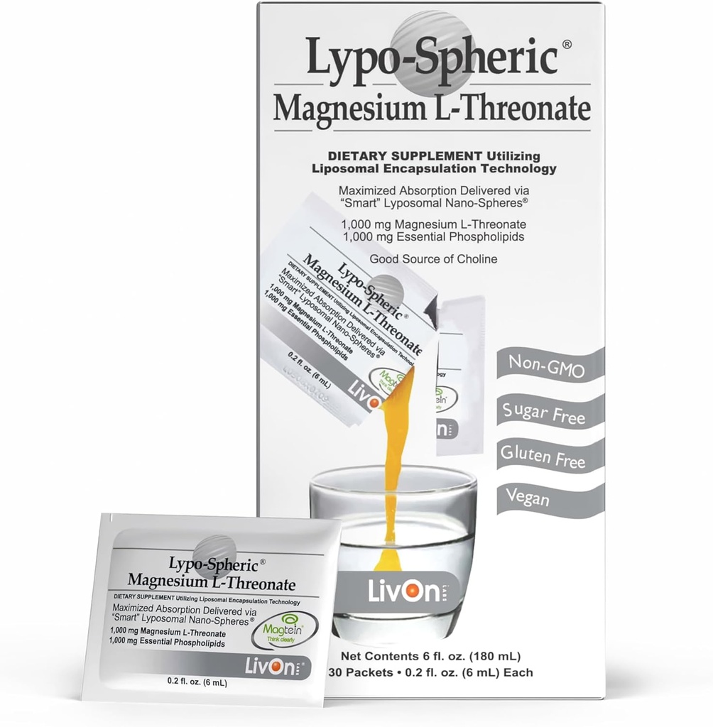 LivOn Laboratories Lipo-Spheric Magnesium L-Threonate - 30 Packets - 77mg Por Packet - Liposome Encapsulated for Maximum Bioavailability - Professionally Formulated - 100% Non-GMO