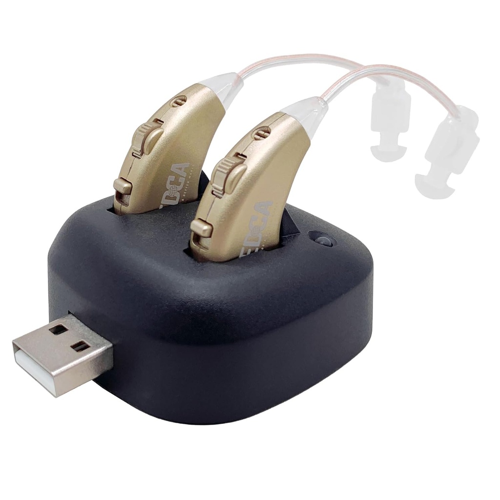 Amplificadores de Audición Digital - Amplificador de Sonido Personal BTE recargable Pareja con muelle USB - Premium Gold Behind The Ear Sound Amplification - by NewEar