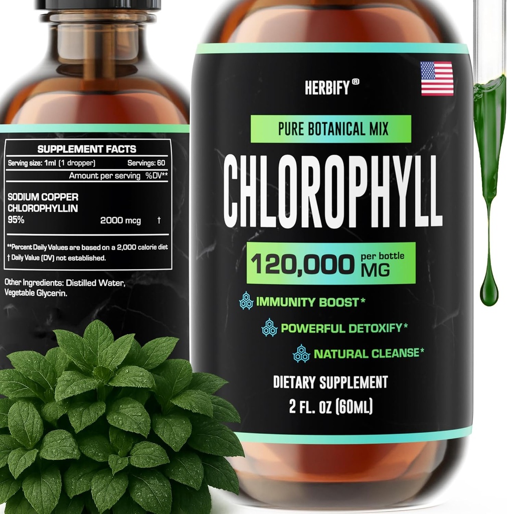 [BRSW2HYNA4FWG3TL] HERBIFY Chlorophyll Drops - Liquid Chlorophyll for Energy Boost & Immune System Support - Made in USA - Chlorophyll Liquid Drops for Body Detox, Internal Deodorant & Enhance Skin - 2 Oz