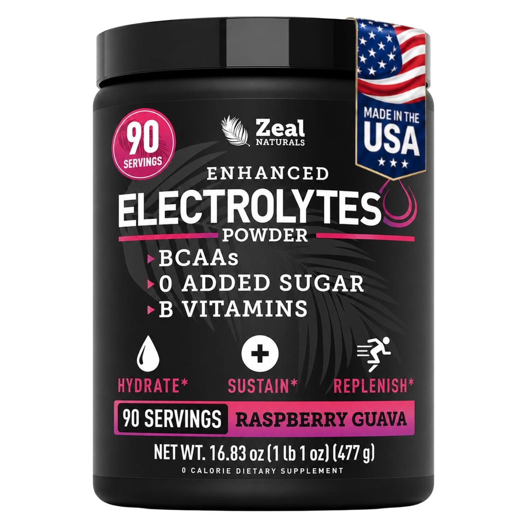 Zeal Naturals Electrolyte Powder Recovery Drink (90 Servings ← Raspberry Guava) w 0 Sugar +BCAAs +B-Vitamins Electrolyte Suplemento w Potassium Zinc &amp; Magnesium for Hydration - Keto Electrolytes