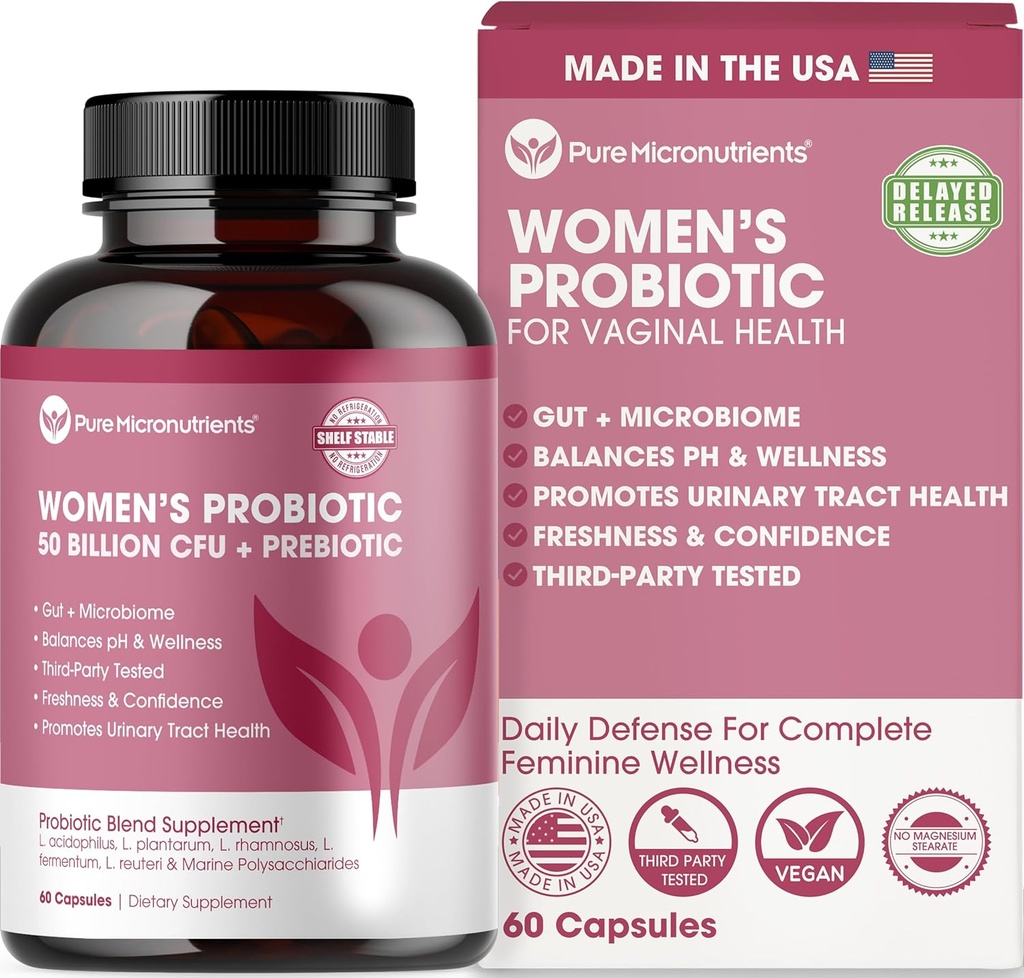 Probióticos para mujeres, PH Balance & Vaginal Health Support, 50 Billion CFU Per Serve, Gut, Digestive & Urinary Tract Care, Lactobacillus & Prebiotics, 60 Capsules