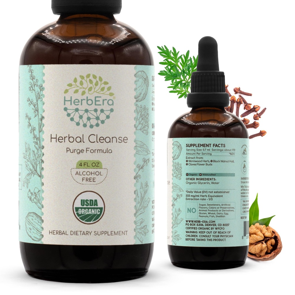 HerbEra Herbal Cleanse Organic Alcohol-Free Tincture ← Detox y Cleanse Fórmula, Extracto Suplemento Silencio Orgánica Wormwood Herb, Black Walnut Hull, Cloves Flower Buds