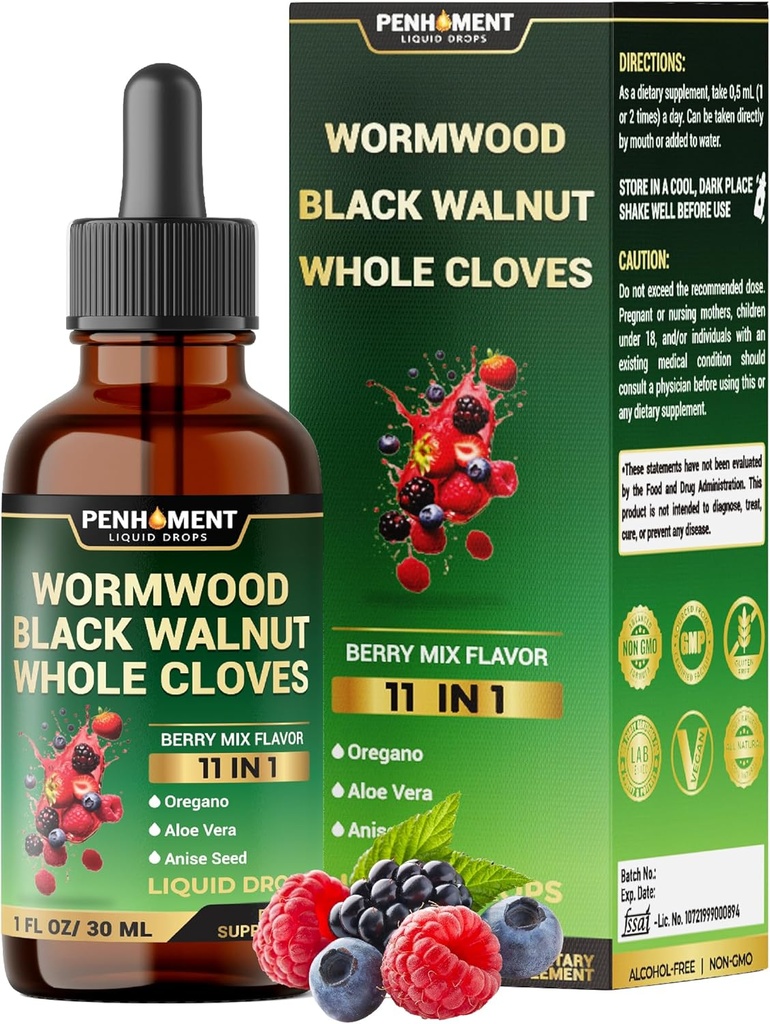 10in1 Wormwood Tincture - Black Walnut, Whole Cloves, Reishi Mushroom & 4 Más - Wormwood Liquid Drops - 1 FL OZ para 2 meses de suministro - Berry Mix Flavor