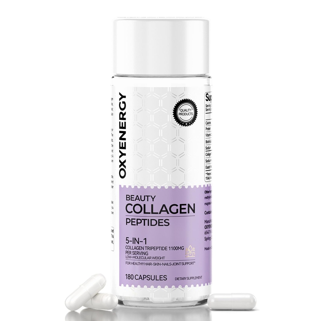 OxyEnergy Collagen Peptides Capsules for Women, 1100mg Hidrolyzed Collagen Tripeptides(Tipos I) Suplementos con Biotina y Vitamina C, 180 Collagen Pills para promover el cabello, la uñas, la piel, 2 meses de suministro