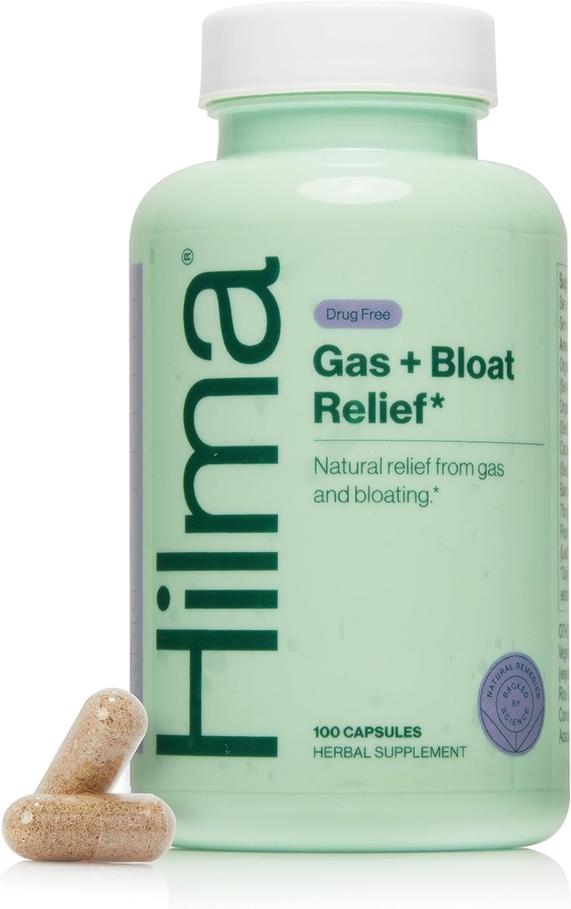 Hilma Natural Gas y Alivio de Bloating con Lemon Balm, Fennel & Peppermint Leaf, Doctor Formulado con Ingredientes Orgánicos, 100 cápsulas Vegan