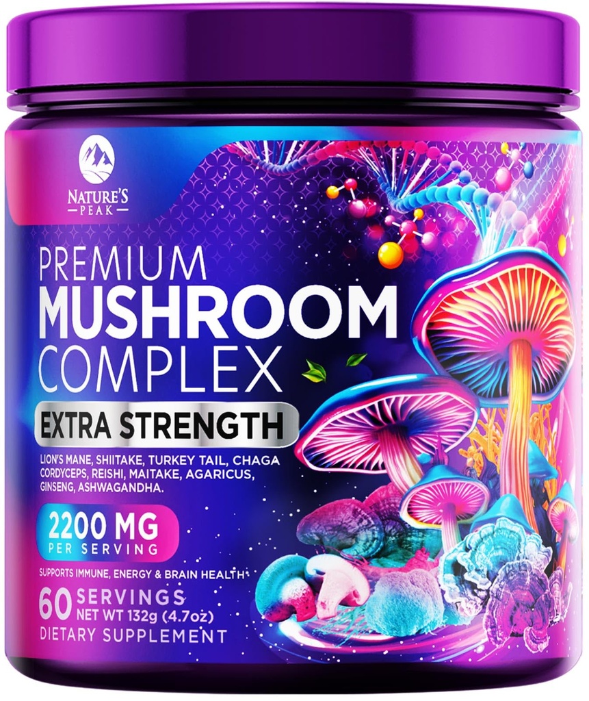 Mushroom Suplemento Polvo 2200mg - 11 en 1 Complejo Fórmula Polvo con Leones Orgánicos Mane, Reishi, Cordyceps, Chaga, Turquía Tail Mushroom Extracto Suplemento para Memoria &amp; Apoyo Cerebral - 60 Servimientos