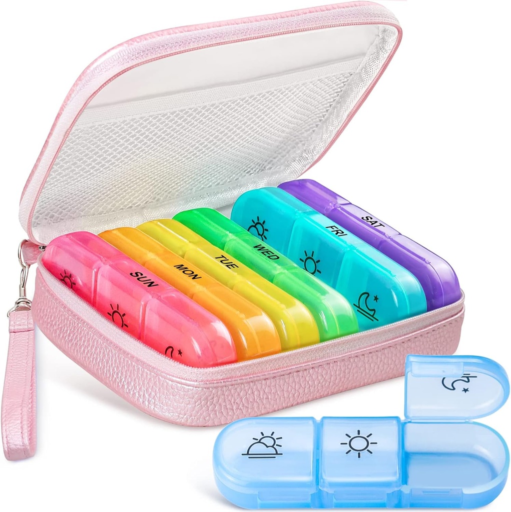 Cute Pill Organizer 3 veces al día, Gran Caja de Píldora diaria para mujeres, Caja de Píldora portátil 7 Día de Propósito con bolsa & Zipper para contener vitaminas, medicamentos, aceites de pescado, suplementos (Pink)