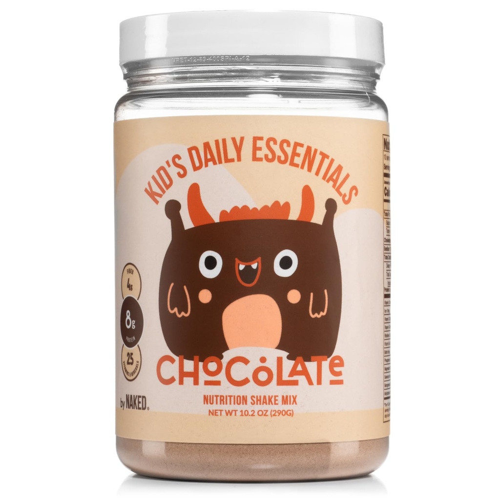Chocolate desnudo Niños Esenciales diarios, Afeitado de proteínas para niños con leche orgánica, 6 verduras orgánicas, 25 vitaminas y minerales, sin dulces artificiales, sabores, colores o conservantes