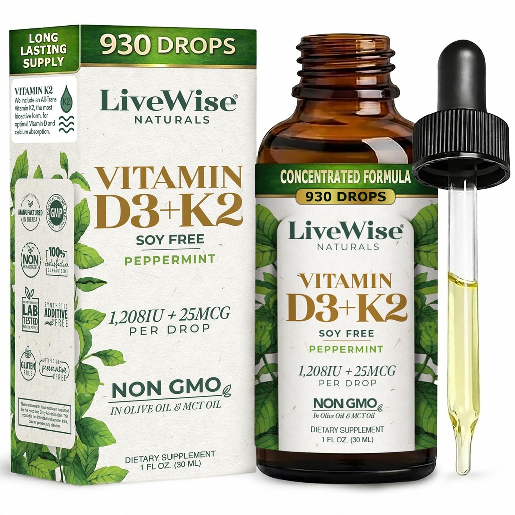 LiveWise Naturals Vitamina D3 con K2 Liquid Drops, All Natural, Non-GMO, USA Made, 1208 IU Vitamina D3 &amp; 25 mcg K2, Supports Bone Health and Energy Levels, Infused with Peppermint, Olive, and MCT Oil