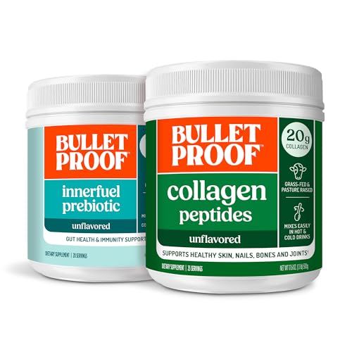 Kit de Duo a prueba de balas para péptidos colágenos de pólvora de proteínas para la piel, los huesos y las articulaciones — 18g Proteína, 17.6 Oz &amp; InnerFuel Polvo de fibra prebiótica para Gut, Gas Relief, Salud Digestiva y Soporte Inmune