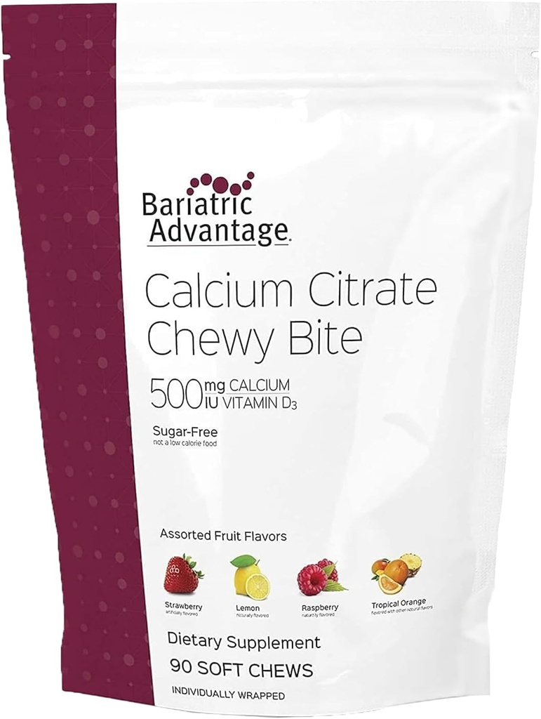 Bariatric Advantage Calcium Citrate Chewy Bites 500 mg - Highly Absorbable & Digestible - Vitamina D3 - Suplemento Calcio Fácilmente Chewable - Frutas surtidas - 90 Cuenta