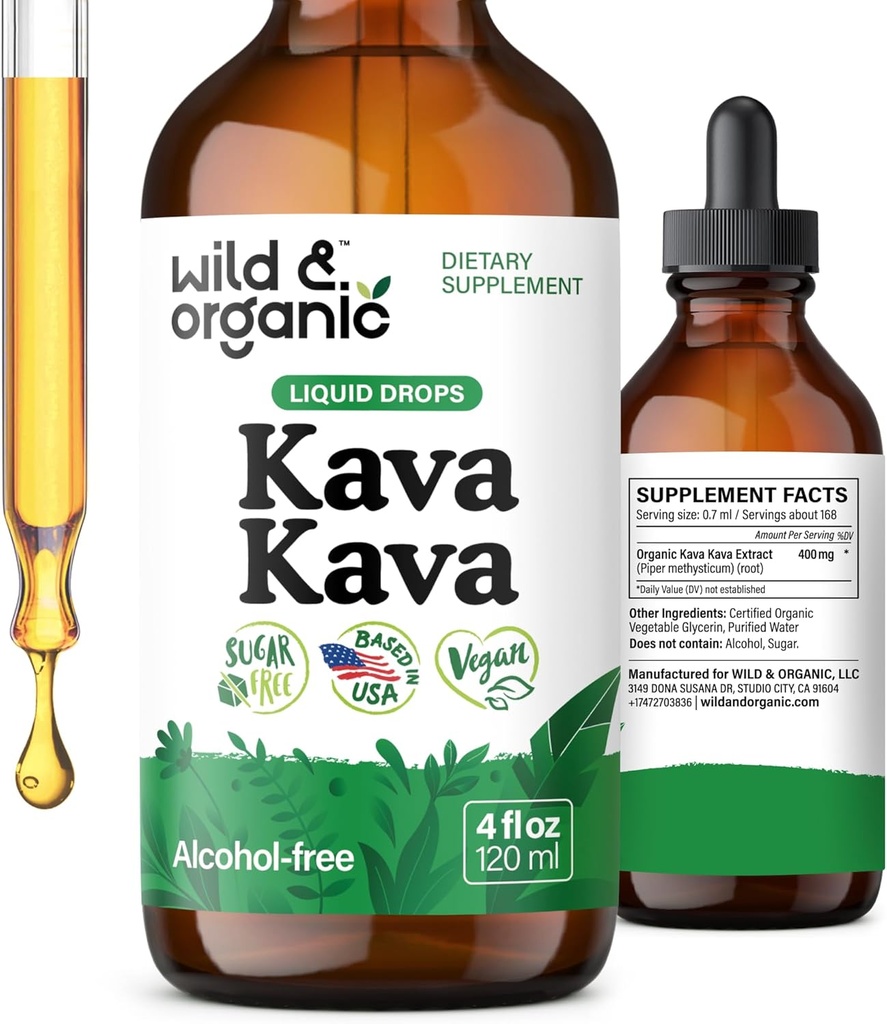 Wild & Organic Kava Kava gotas 400 mg - Suplemento de calma " Relajación - 5 meses de suministro - Vegan, Azúcar " Líquido sin alcohol Extracto gotas - 4 fl oz