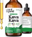 Wild & Organic Kava Kava gotas 400 mg - Suplemento de calma " Relajación - 5 meses de suministro - Vegan, Azúcar " Líquido sin alcohol Extracto gotas - 4 fl oz