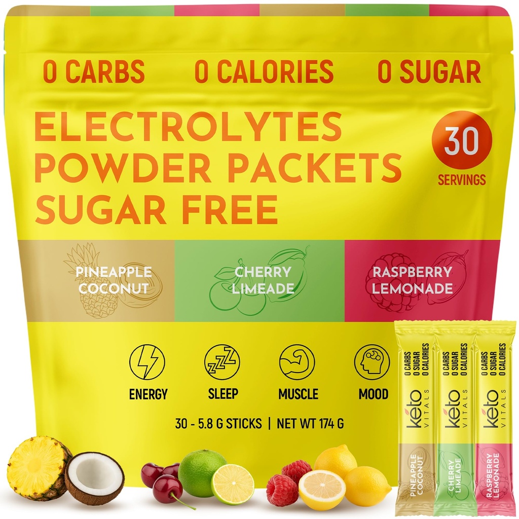 Keto Vitals Tropical Keto Electrolytes Polvo No Azúcar - Electrolitos con Potasio, Magnesio, Sodio, " Calcio - Azucar Libre Electrolito Embalajes de Polvo Bebida Mix " Hidration Powder, 30 Servings