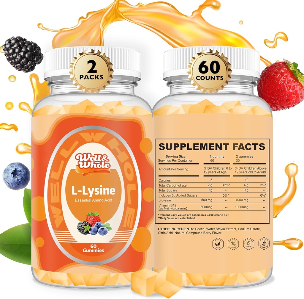 [BRSRAFIPDF7BMFLX] L-Lysine Gummies 1000mg - L-Lysine Suplementos para niños y adultos - Lip and Cold Sore* Soporte para mujeres - Gummies de Lysine Chewable con vitamina B12 - Vegan, No GMO, Libre de gluten, 120 Condes