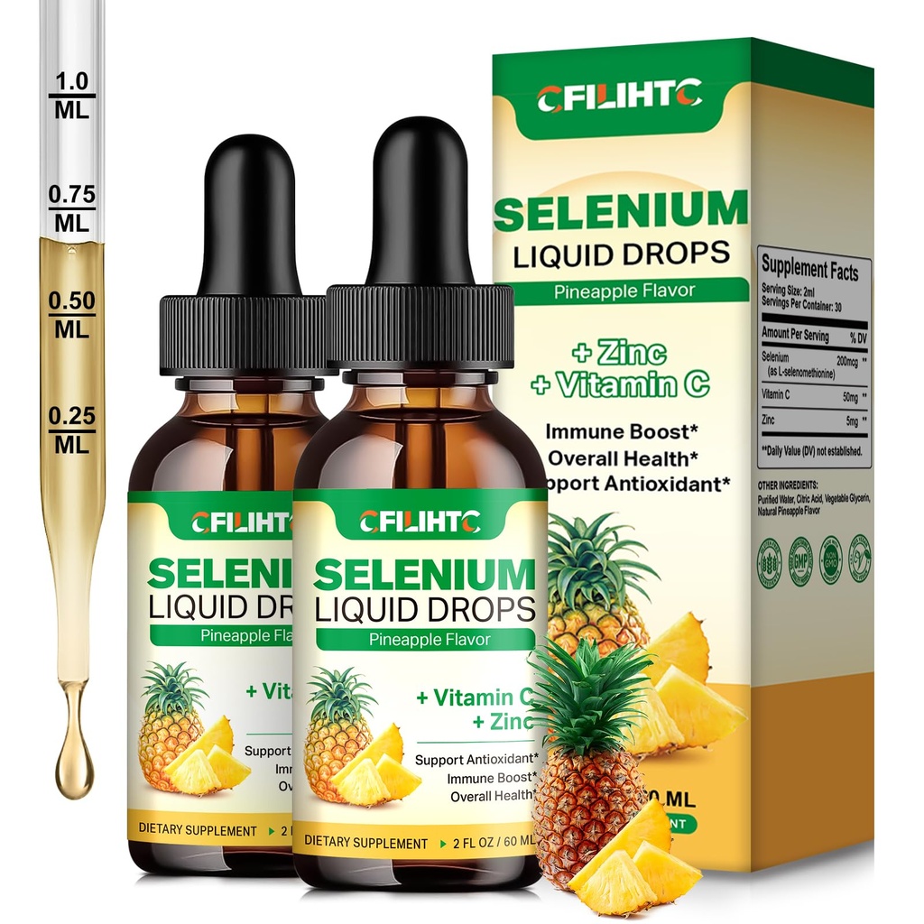 2 Pack Selenium Liquid Drops, 200mcg Liquid Selenium Supplement with Vitamin C & Zinc, Support for Immune System, Antioxidant & Heart Health, High Absorption, Pineapple Flavor