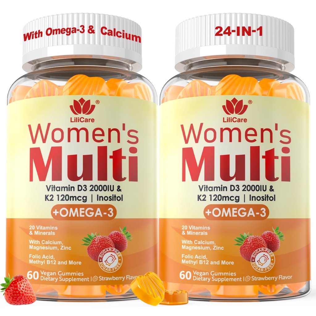 Mujeres Multivitamina Gummy con Omega 3(DHA/EPA), Vitamina D3 K2, Calcio, Inositol, Daily Womens Vitamina A C E B Complex, L-MetilFolate, Metil B12, Azúcar Multivitaminas Minerales Metilada Libre, 120Cts