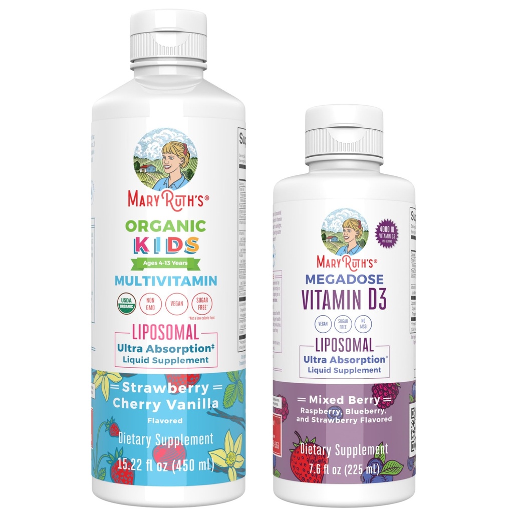 MaryRuth Organics Kids Multivitamin Liposomal (Strawberry Cherry & Vanilla) & Vitamina D3 Liposomal (Mixed Berry) Clean Label Project Verified® Vitamins for Immunity &amp; Wellness general, Vegan, Non-GMO