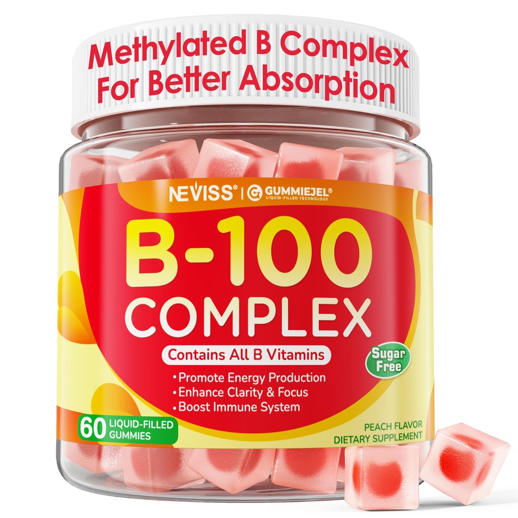 Super vitamina B Complejo Gummies - Todas las vitaminas B incluyendo Metil B12, B1, B2, B3, B5, B6, Biotina, Methylfolate con Vitamina C, Choline, Inositol, PABA para Energía, Cerebro &amp; Apoyo Inmunitario, Sugar Gratis
