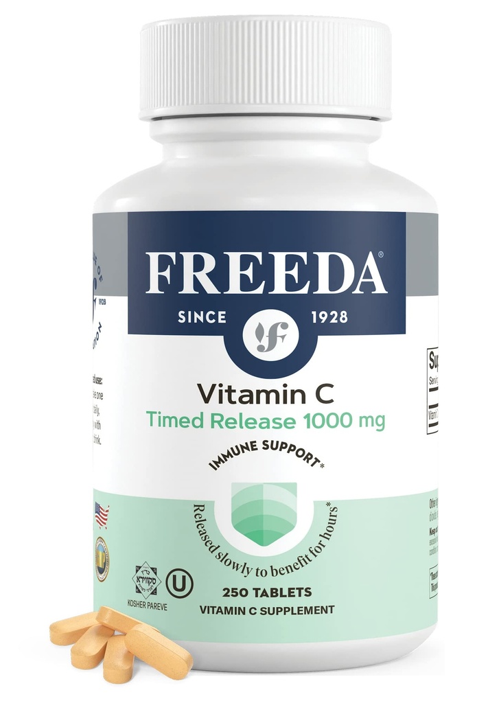 FREEDA Vitamin C - Timed Release 1000mg – Slow-Release for All-Day Immune & Antioxidant Support, Gentle on Stomach, Kosher & Vegan, High-Absorption Tablets (250 Tablets)
