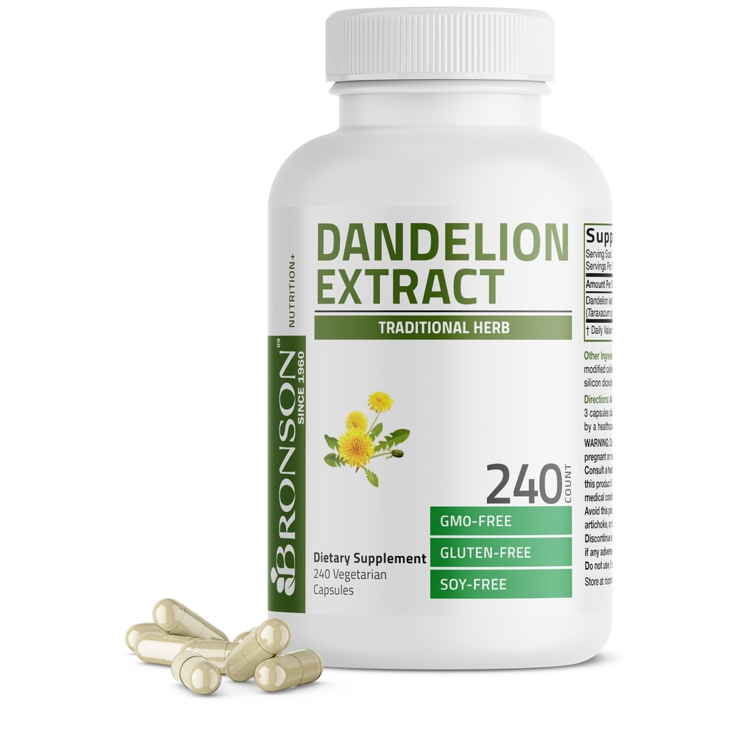 Bronson Dandelion Root High Potency Supplement, Supports General Good Health & Well-Being, Traditional Diuretic Herb - Non-GMO, 240 Vegetarian Capsules