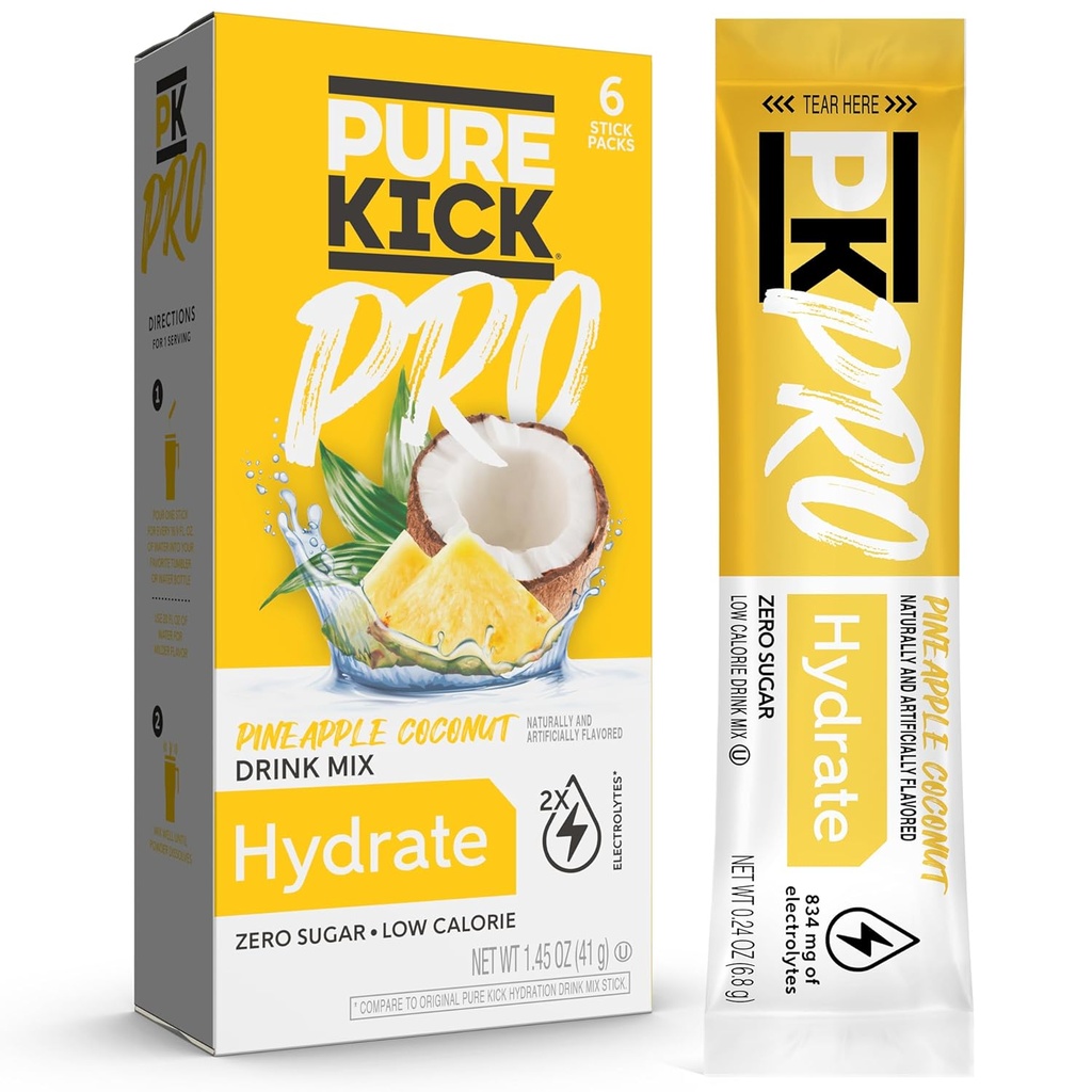 PURE KICK PRO Hydration Electrolyte Drink Mix, Pineapple Coconut, Incluye 1 Caja con 6 Packets en cada caja