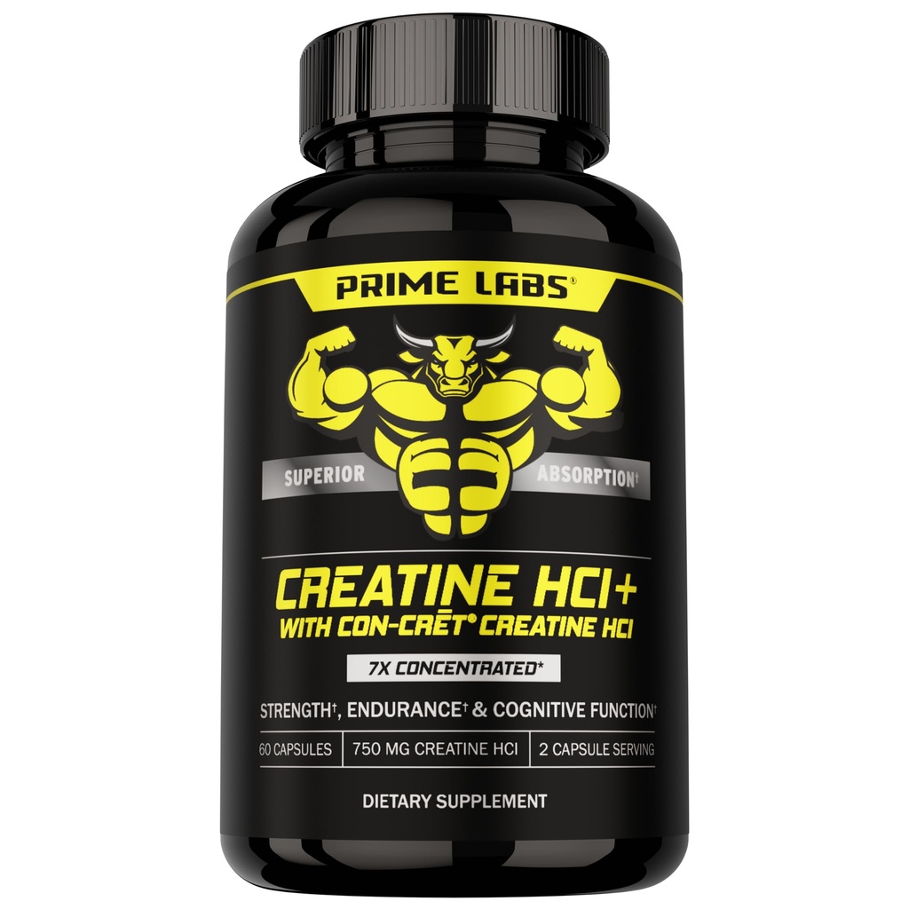 Prime Labs Creatine HCl Capsules - con CON-CR"T®, Rhodiola Root Extract, " L-Theanine - Muscle Support, Endurance, Cognitive Function - for Men &amp; Women - 60 Pills