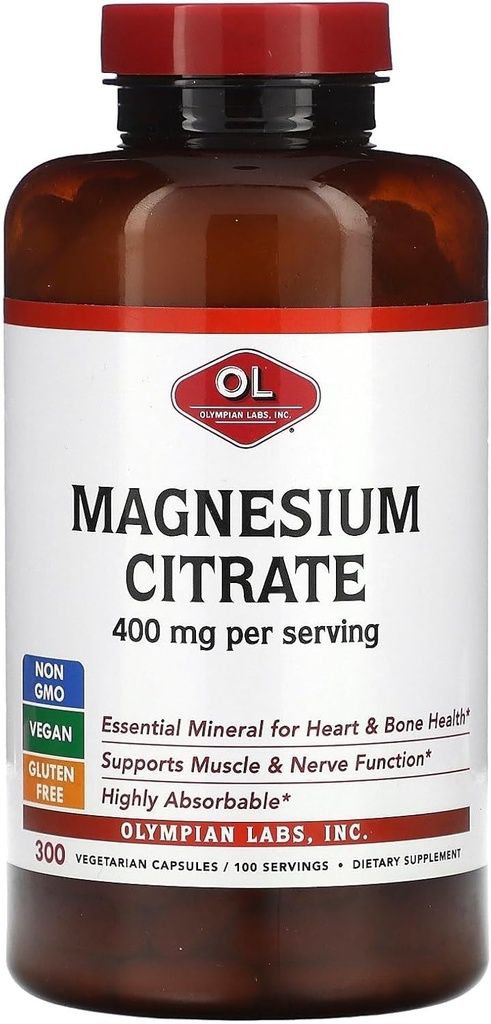 Laboratorios Olímpicos Citrato de magnesio 400mg - 300 cápsulas - Fácil Absorbable, Apoyo a los Huesos Saludables, Corazón Saludable y Absorción de Calcio
