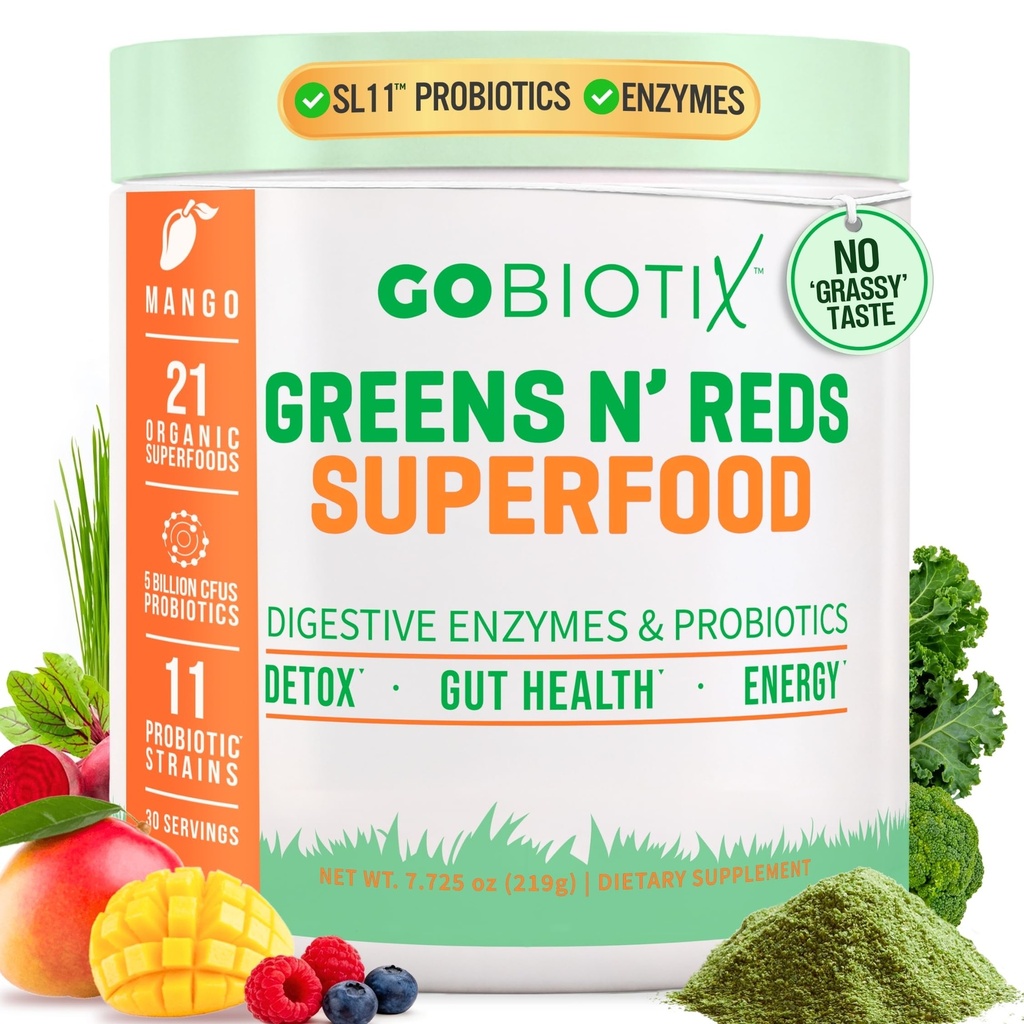 GOBIOTIX Super Verdes y Rojos Polvo - Superalimentos Rojos y Verdes - Suplemento Probiótico - Enzimas Digestivos y Polvo de Hoja - Alimentos Orgánicos Integrales Suplemento dietético (Mango, 1 Pack)
