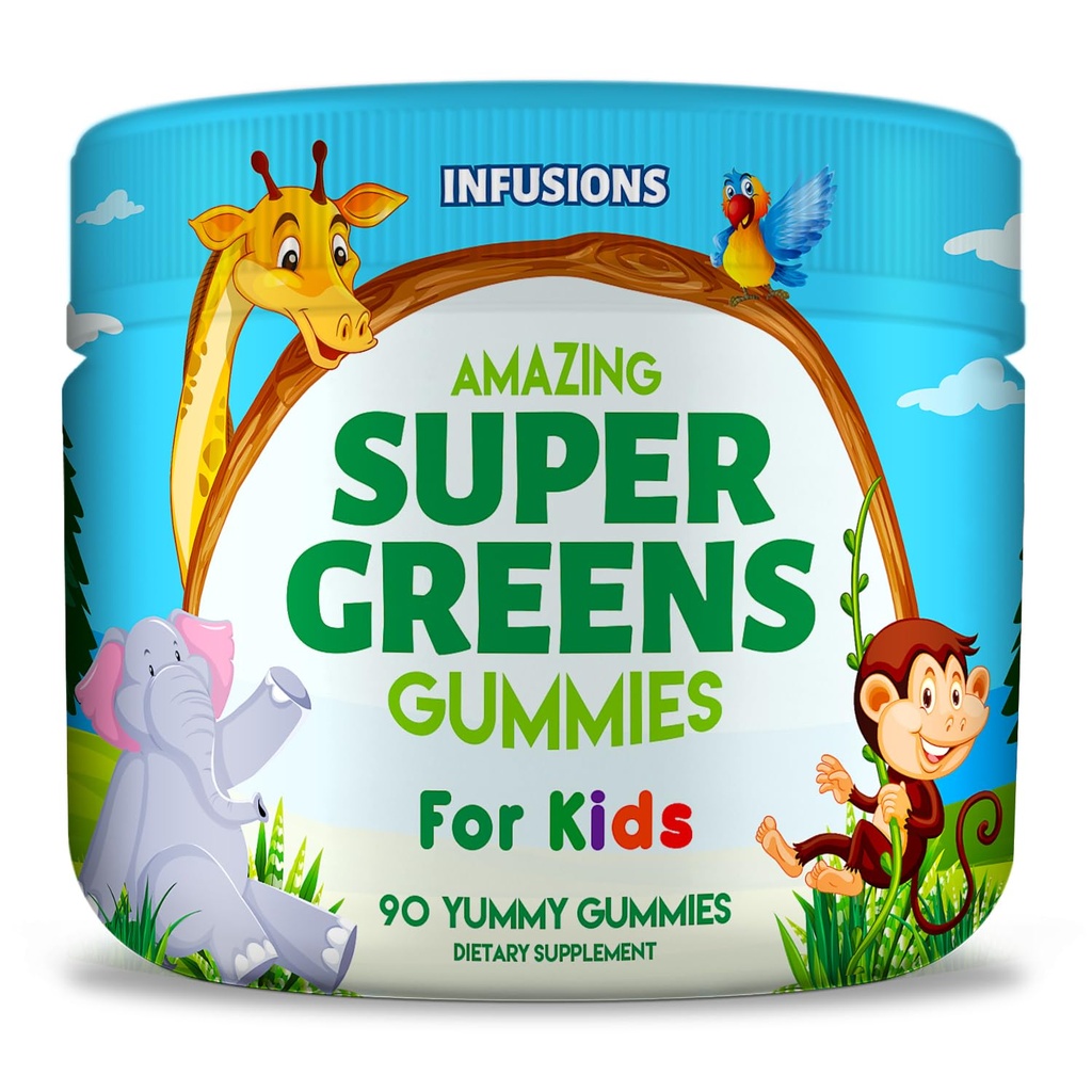 Infusiones Super Green Gummies para niños 90 cuenta Superfood Booster Soft y Delicious 8 potentes Blends Vegan Friendly Gluten Gratis