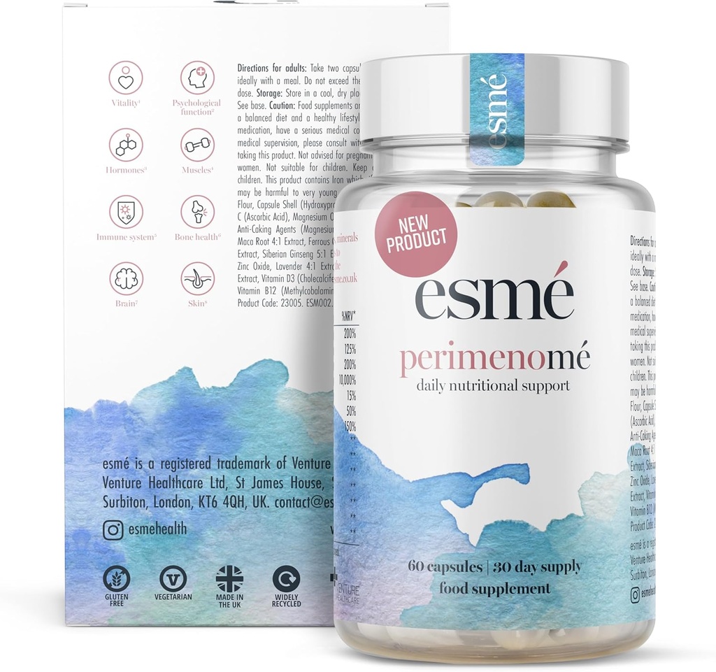 Esme Menopause Suplementos Perimenopause 1 Mes de Suministro - Apoyo diario para la etapa temprana de la menopausia – 60 cápsulas - Incluye Ashwagandha, vitaminas y Clover rojo