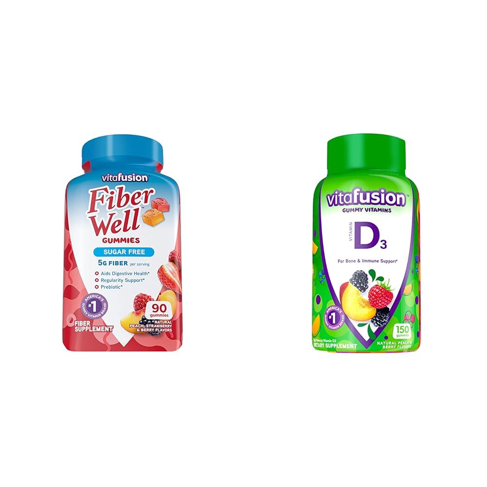 Vitafusion Fiber Well Sugar Suplemento de fibra gratis &amp; Vitamina D3 Gummy Vitaminas para el soporte del sistema de huesos e inmunes, Peach, Blackberry y Strawberry Flavored, 50 mcg Vitamina D, 75 Day Supply, 150 Conde
