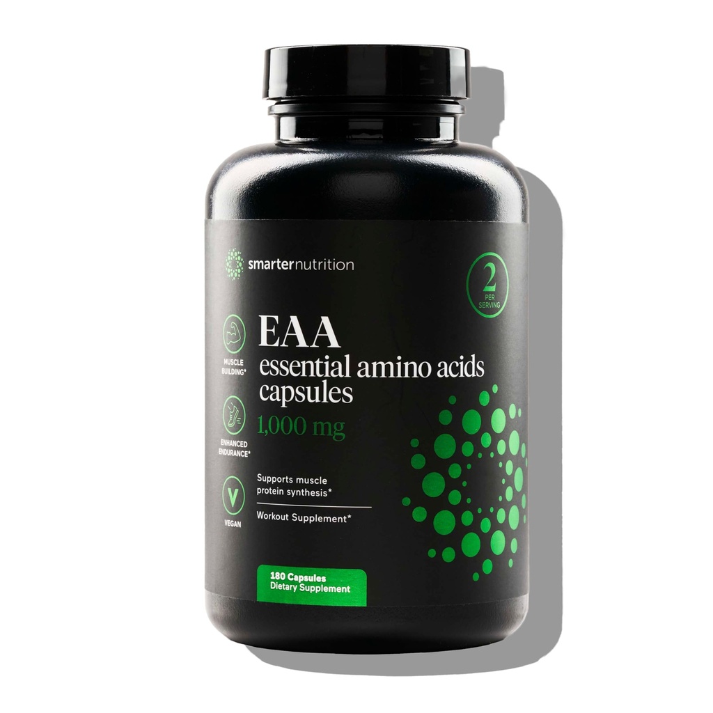 SMARTERNUTRITION Essential Amino Amino Acids (EAA) Capsules - 1 Gram Por Serving of All 9 EAAs - Supports Muscle Mass & Exercise - Non-GMO, Vegan, Gluten Free - 180 Count[90-Day Supply]