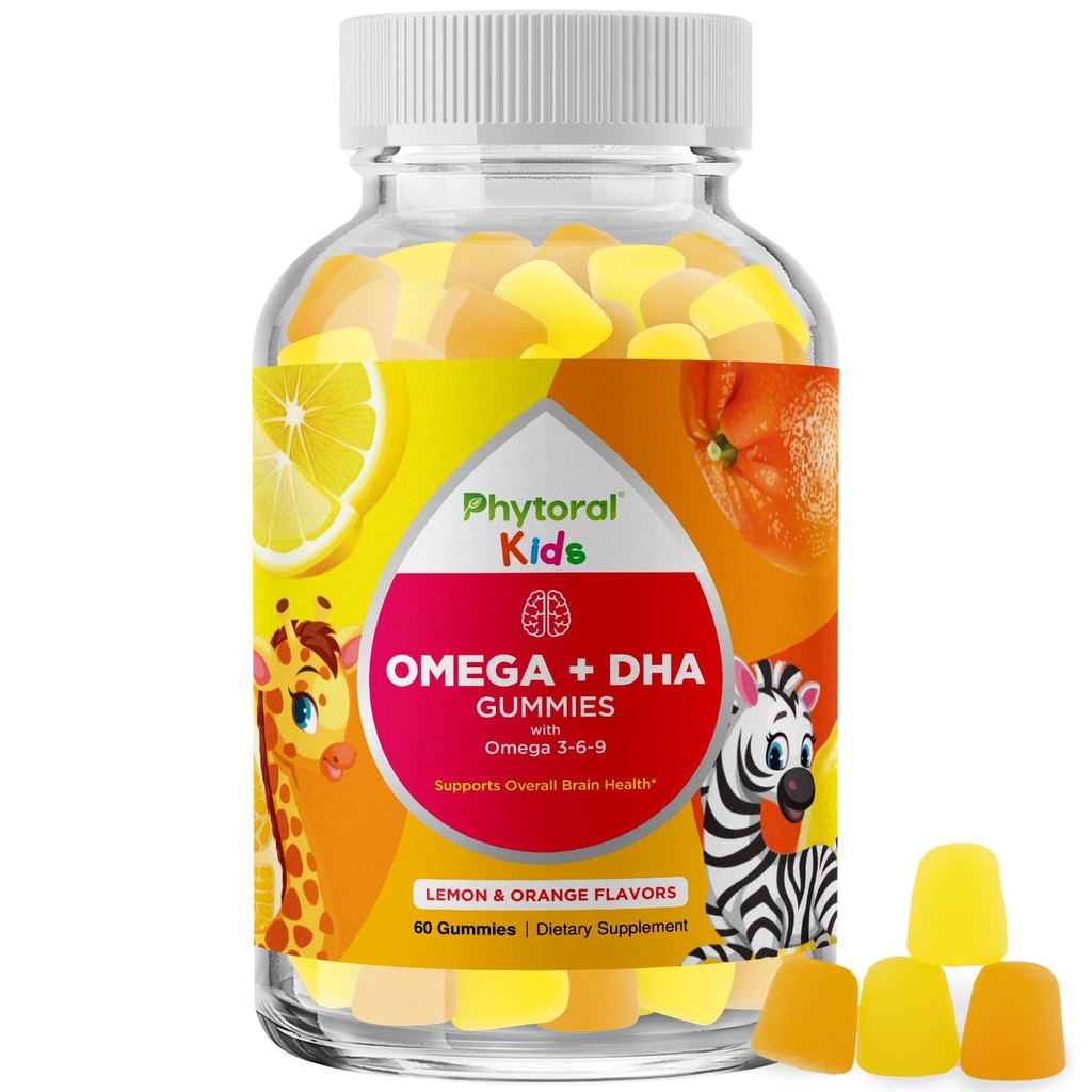 Niños Omega y DHA Gummies - ácidos grasos Omega 3 6 9 con vitamina C para Visión - DHA nutricional para niños para el sistema nervioso saludable > Apoyo en foco - Fish Free - 60 cuenta
