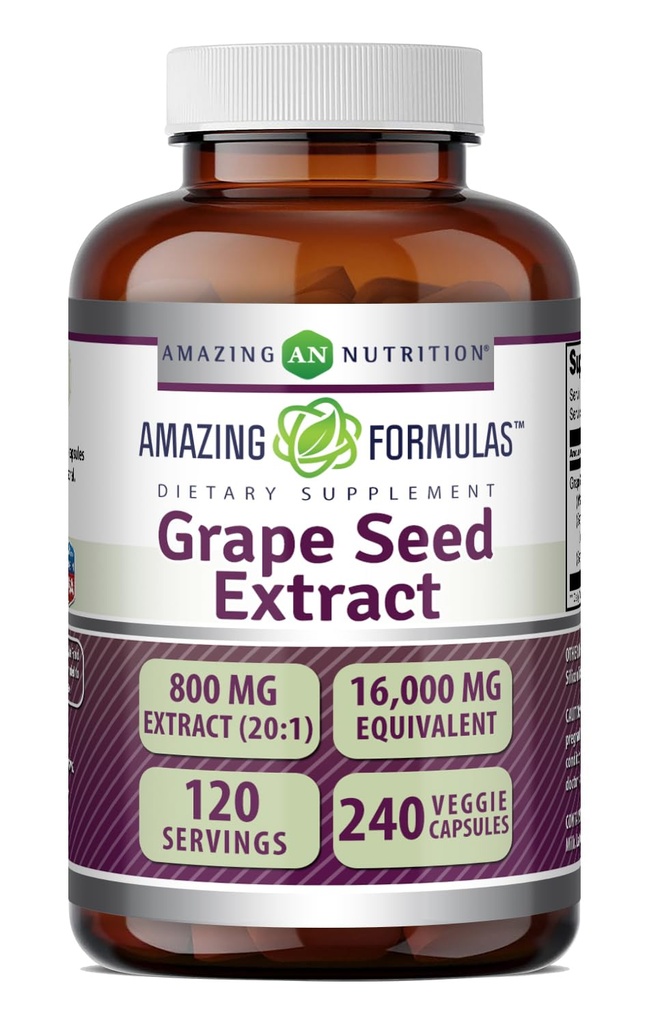 Amazing Formulas Grape Seed 800 Mg Extract (20:1) TEN 16000 Mg Equivalent TEN Veggie Capsules ← Non-GMO TEN Gluten-Free TEN Made in USA (240 Count)
