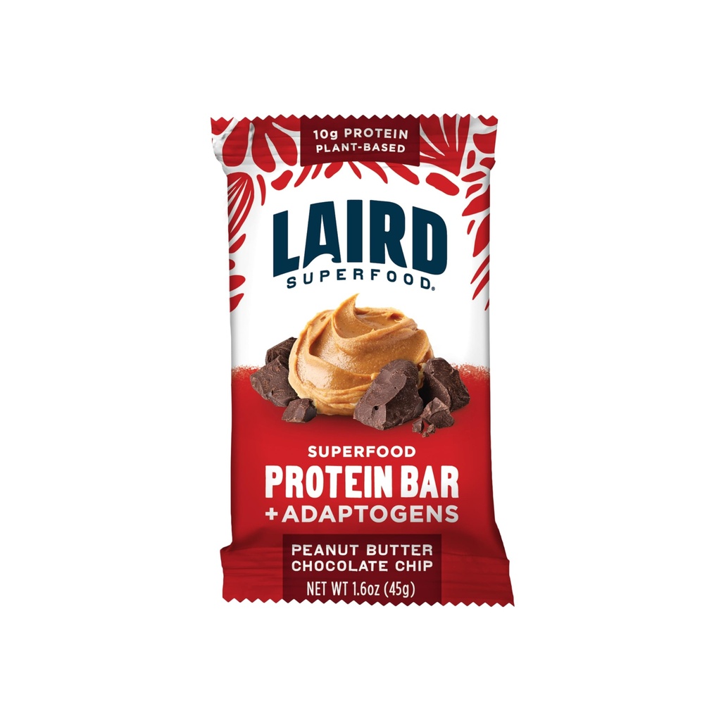 Barras de Proteína Funcional Superfood Laird – Bar Proteína Proteína pero Mejor con Ingredientes Reales, Mushrooms Funcionales 10g Proteína de base vegetal, fibra 6g - No GMO - Manteca de maní Chocolate Chip, 10 Conde (Pack of 1)