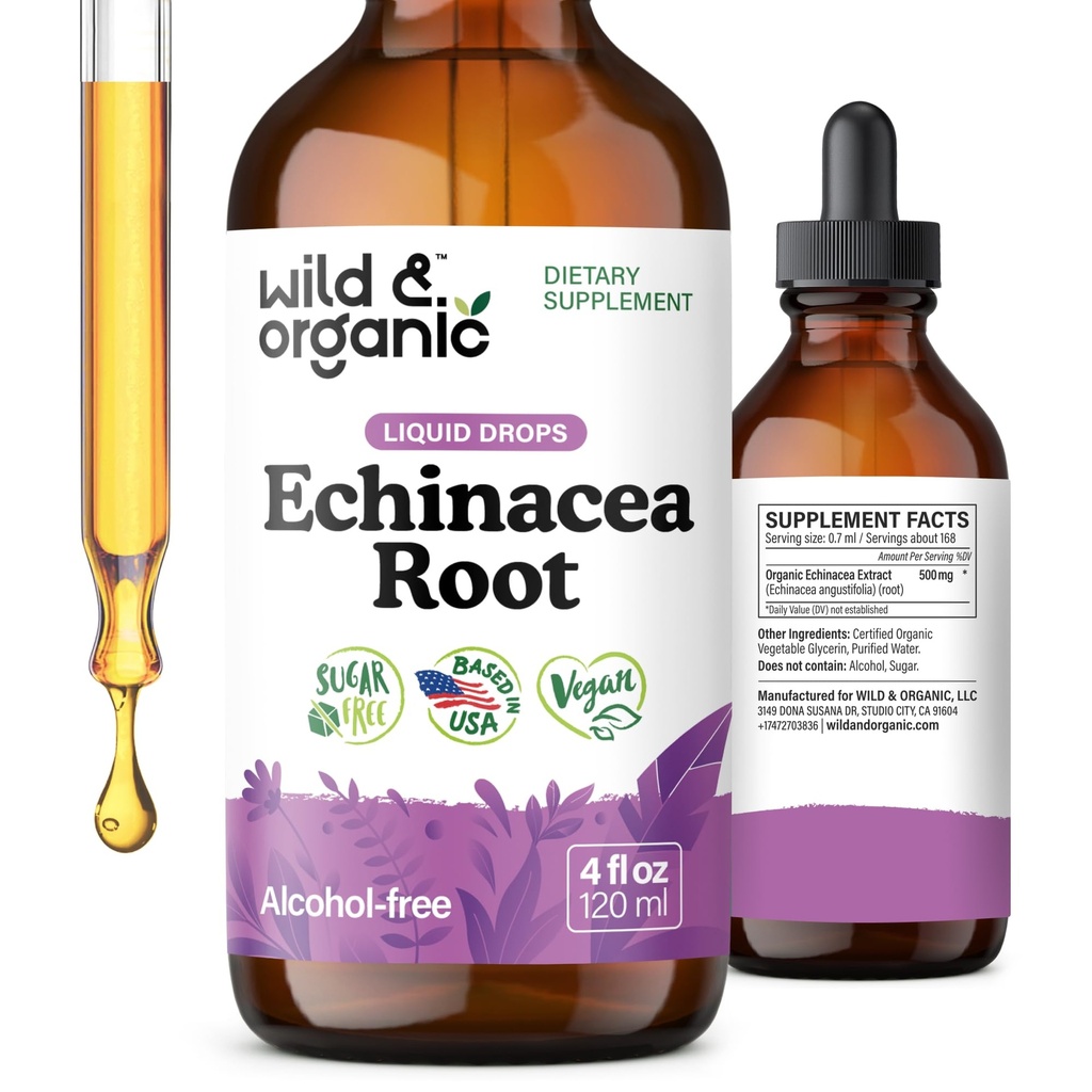Wild & Organic Echinacea Drops - Immune & Lymphatic Drainage Drops - Liquid Echinacea Supplement - Add to Tea Tincture - Angustifolia Herb Extract - Vegan, Sugar & Alcohol-Free - 4 fl oz