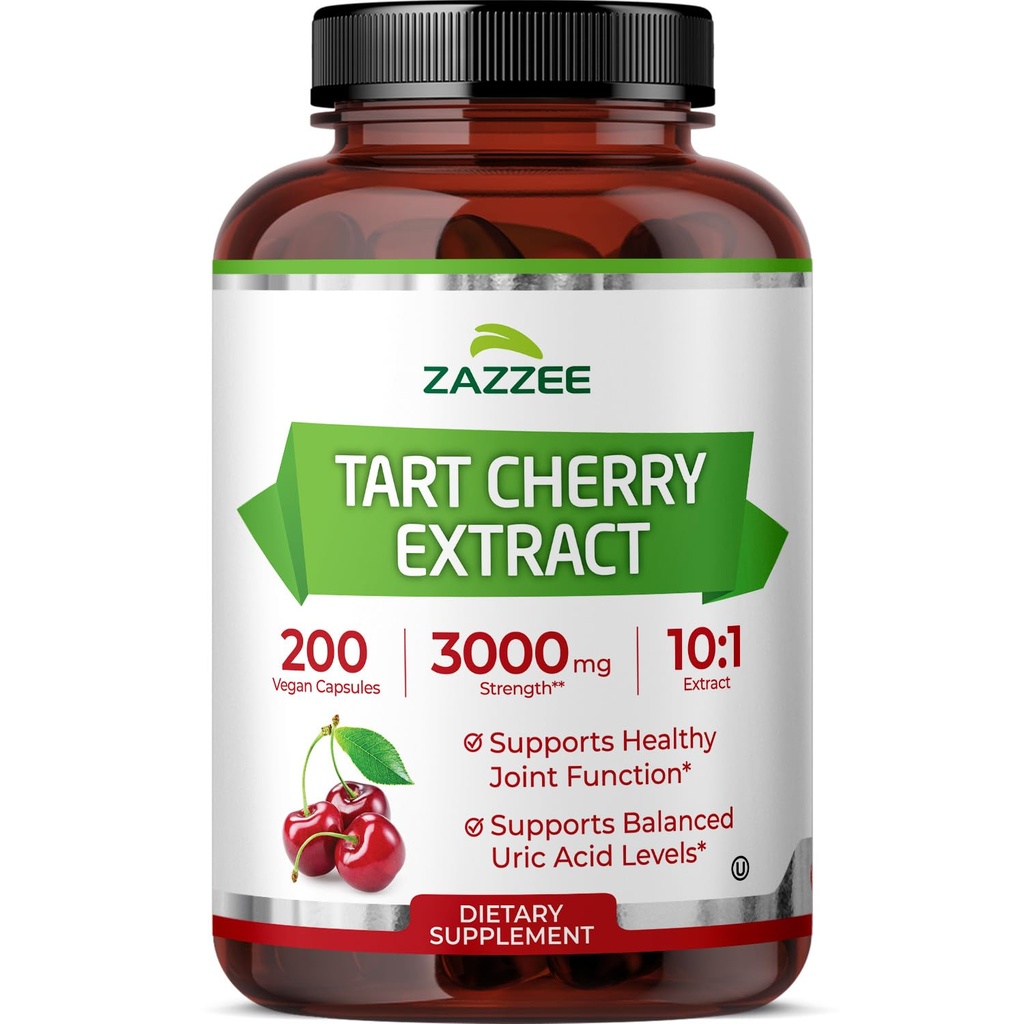Zazzee Tart Cherry 10:1 Extracto, 3000 mg Strength, 200 cápsulas Vegan, 6+ Month Supply, Certified Kosher, Concentrated and Standardized 10X Extract, 100% Vegetarian, All-Natural, Gluten Free, Non-GMO