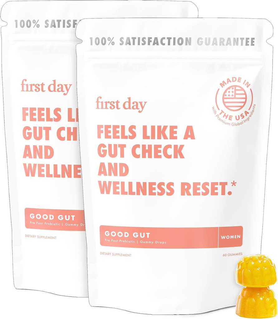 PRIMER DÍA Las Gummies Tribióticas de Buena Gut Femenina – 3-en-1 Suplemento Prebiótico, Probiótico y Postbiótico – Apoya Función Inmunitaria y Salud Digestiva, Oral, Esquí y Vaginal – Suministro de 60 días