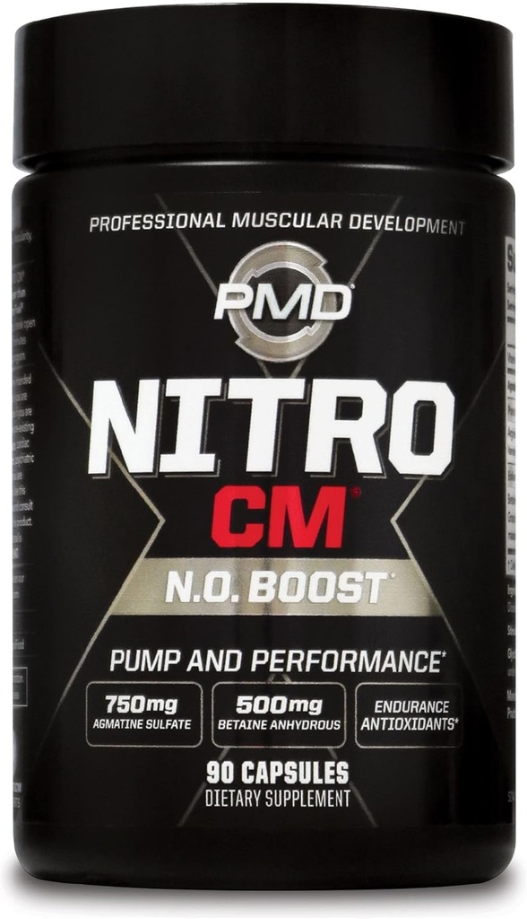 PMD Deportes Nitro cm - óxido nítrico con Agmatine Pre Workout Suplemento - Crecimiento muscular Pre Workout con L Arginina - Resistencia para el ejercicio duro, entrenamiento y culturismo - 90 cápsulas